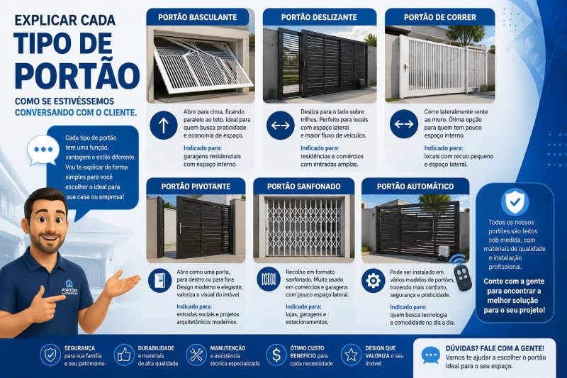 Os principais tipos de portões e suas características distintas.